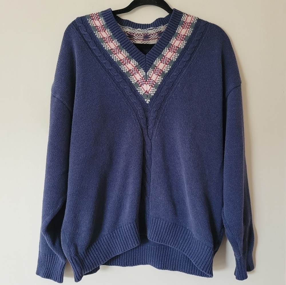 VINTAGE Unisex Cable Knit Navy Preppy Academia Sweater with Plaid V-Neck Medium